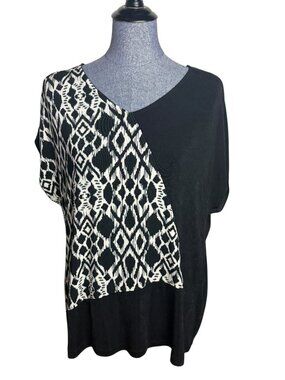 Chico's Travelers Size 2 Blouse Top Black White Slinky Stretchy Abstract Print L